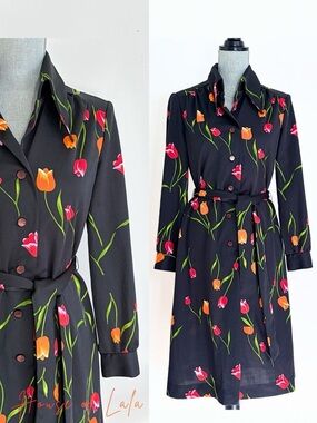 Vintage Tulip Print Shirt Dress | Retro Botanical Belted Dress